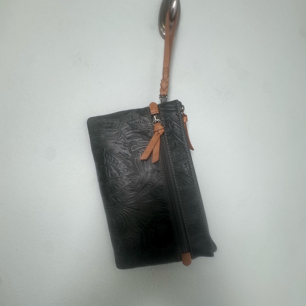 Margot Olive Green Tooled/Embossed‎ Leather Clutch/Wristlet
